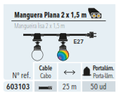 GUIRNALDA E27 MANGUERA PLANA 2 X 1.5 MM 25 MTS 50 PORTALAMPARAS